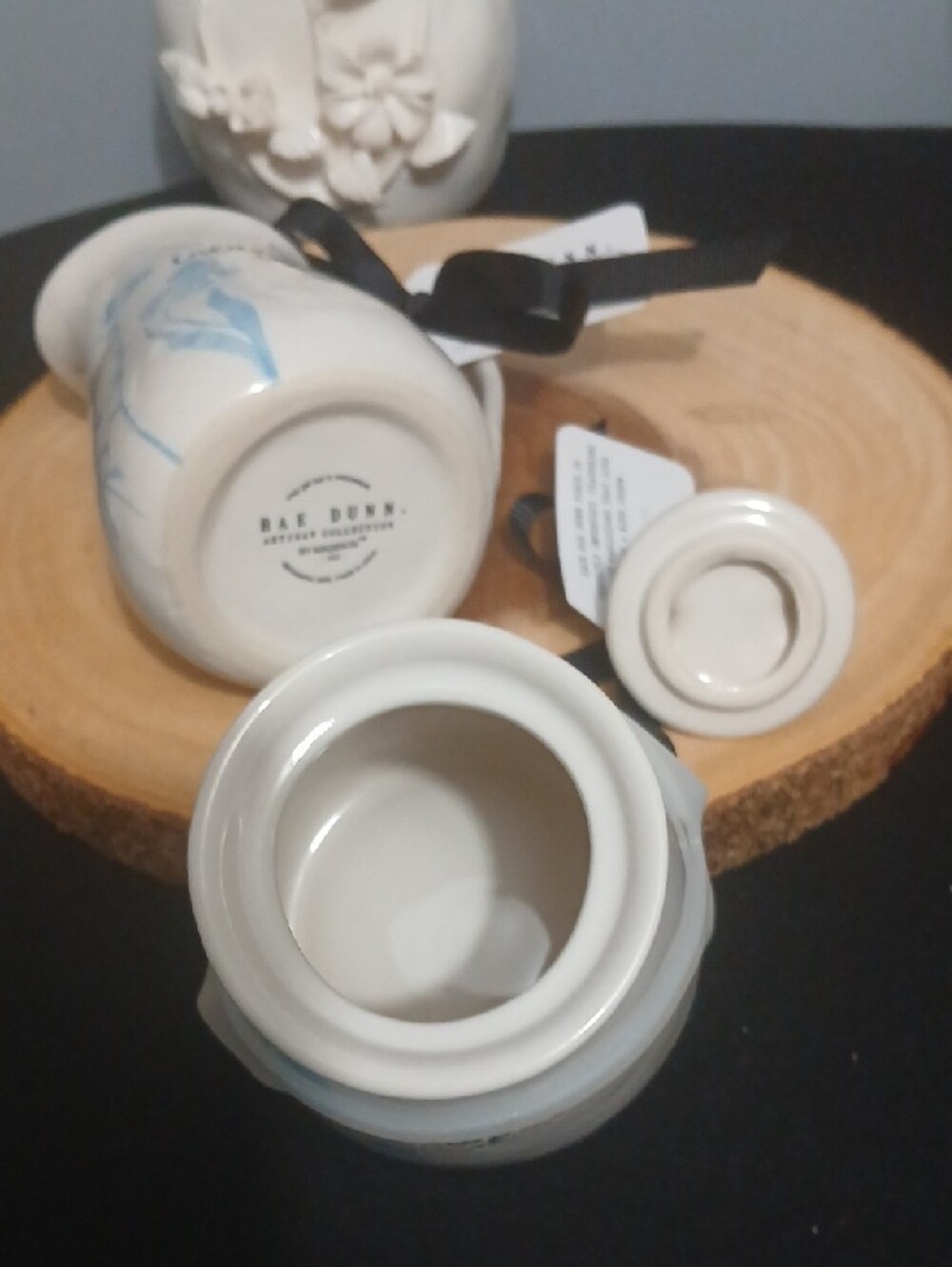 Rae Dunn Ceramic Cream & Sugar Set with Blue Floral Accents NWT - Picture 7 of 11